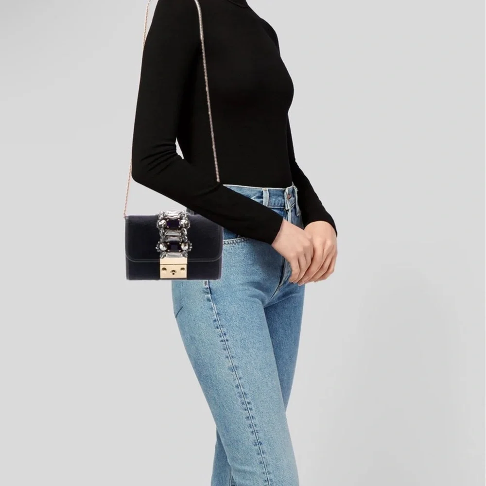 Gedebe Navy Pony Hair and Leather Embellished Handbag
